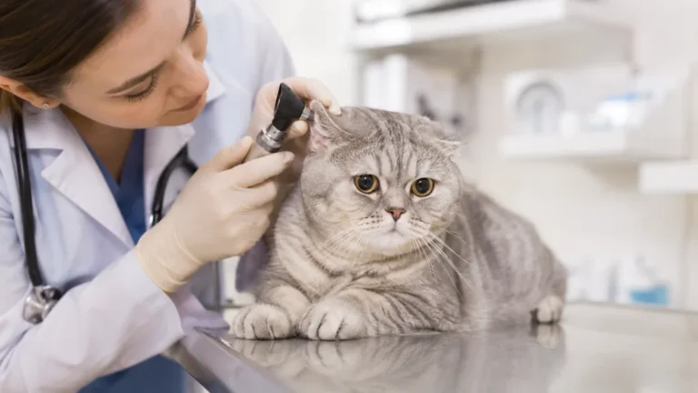 Chat aux oreilles pliées examiné par une vétérinaire lors d’un contrôle auriculaire