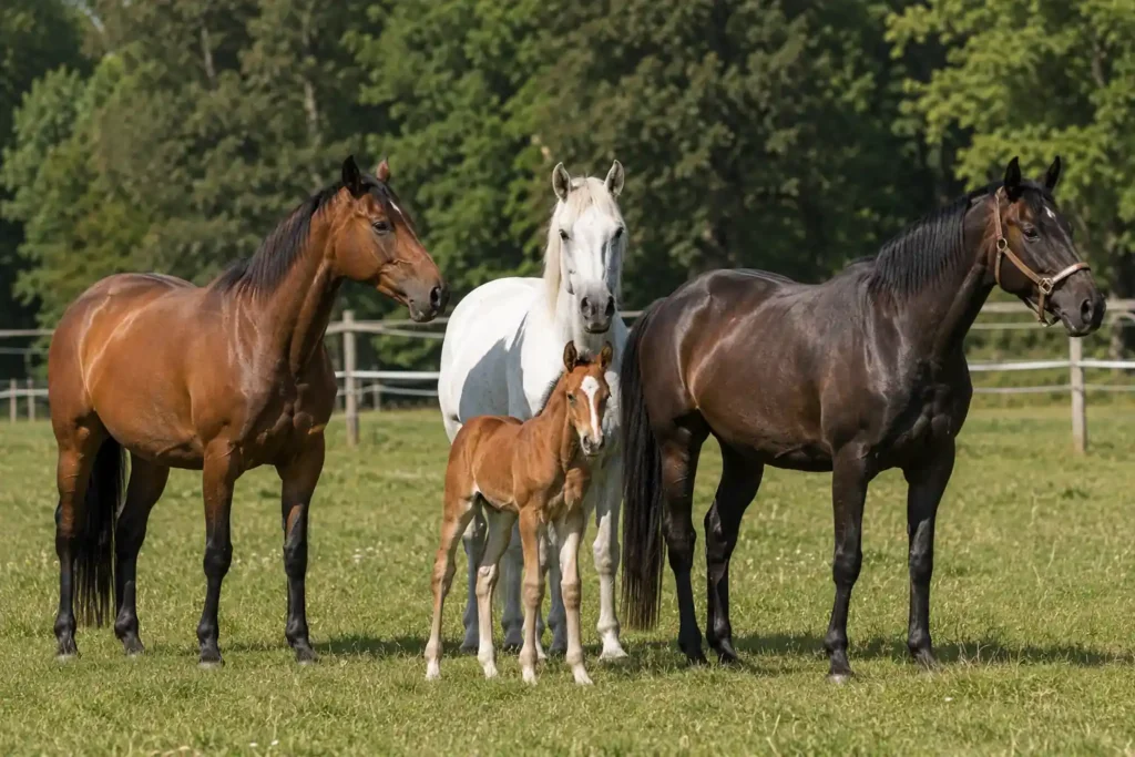 Chevaux adultes et poulain dans un pré, illustrant les différences entre cheval mâle, jument et jeune cheval