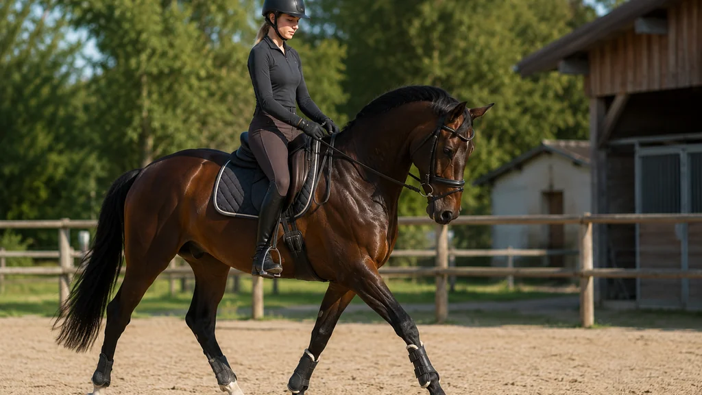 Cavalière montant un cheval bai dans une carrière extérieure lors d’une séance d’équitation.