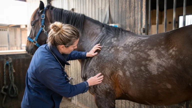 Vétérinaire examinant une perte de poils anormale sur un cheval en écurie