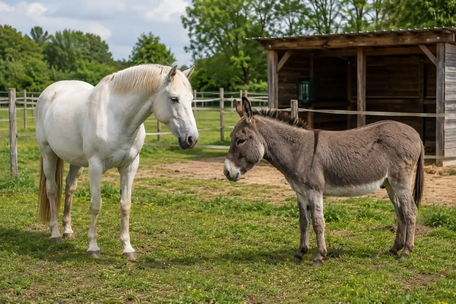 Cheval et âne cohabitant calmement dans un pré avec abri en bois en arrière-plan