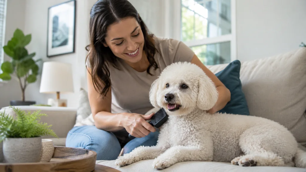 Chien qui ne perd pas ses poils brossé par sa maîtresse dans un salon lumineux
