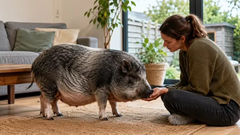 Cochon nain adulte dans un salon lumineux avec sa propriétaire