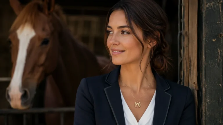 Cavalière portant un collier cheval avec pendentif fer à cheval devant son cheval