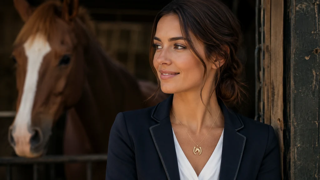 Cavalière portant un collier cheval avec pendentif fer à cheval devant son cheval
