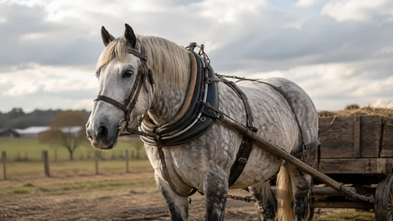 Cheval de trait portant un collier d’attelage relié à une charrette agricole