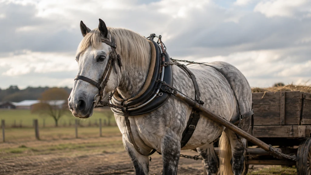 Cheval de trait portant un collier d’attelage relié à une charrette agricole