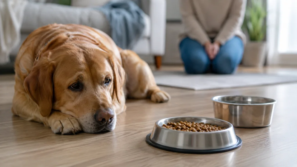 Chien couché près d’une gamelle pleine sans manger dans un intérieur lumineux