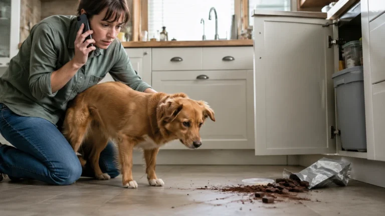 Chien ayant avalé un produit suspect pendant que sa propriétaire appelle un vétérinaire en urgence