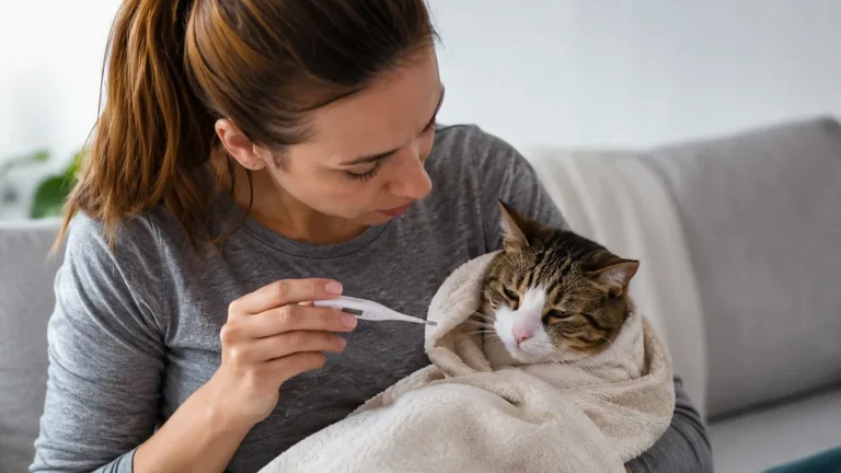 Chat malade enveloppé dans une serviette pendant que sa propriétaire vérifie sa température