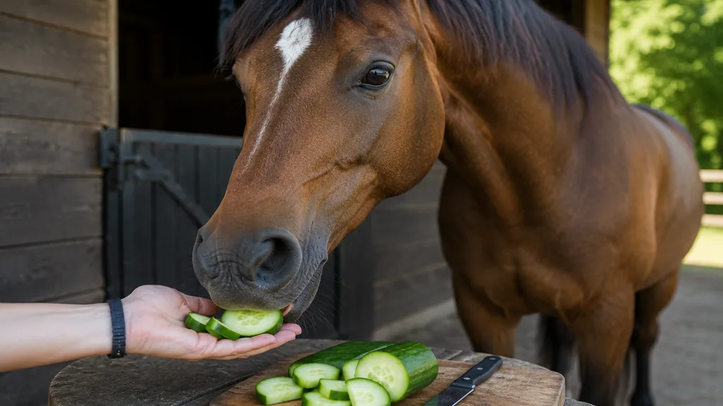 Cheval mangeant des morceaux de concombre donnés à la main près d’une écurie.