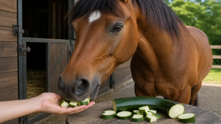 Cheval mangeant des morceaux de courgette crue donnés à la main près d’une écurie.