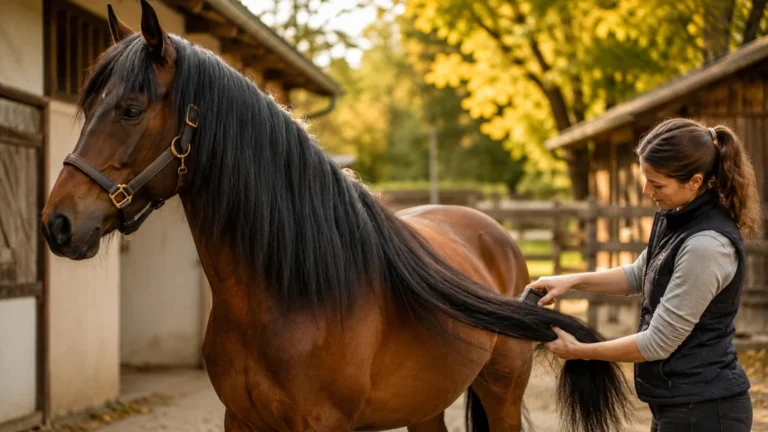 Crin de cheval long et soigné pendant le brossage en écurie