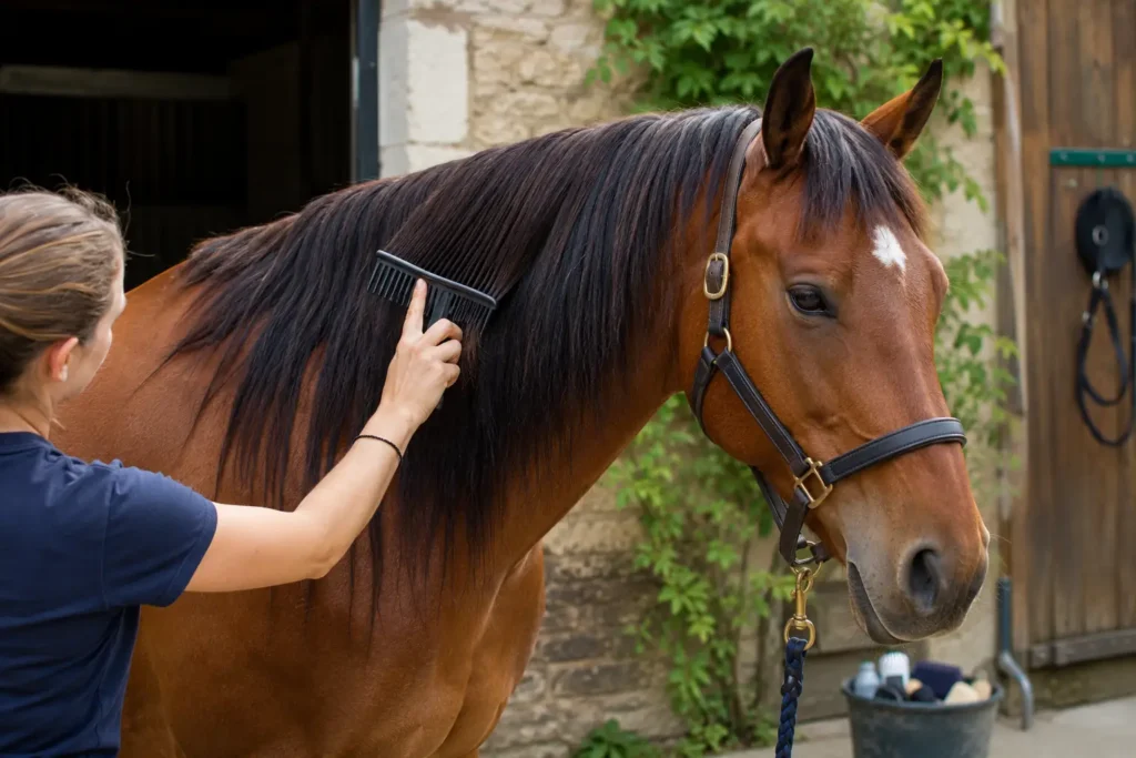 Cavalière brossant la crinière d’un cheval alezan devant une écurie