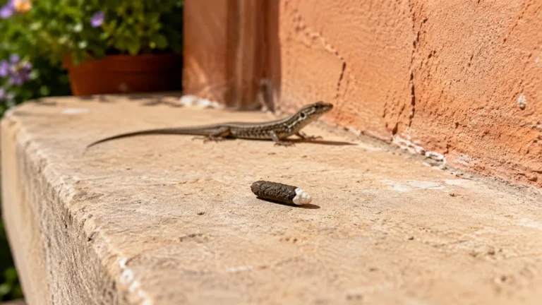 Crotte de lézard avec bout blanc visible sur un rebord en pierre ensoleillé