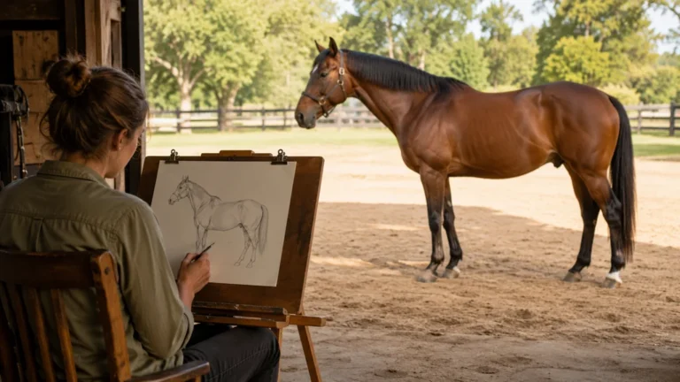 Artiste dessinant un cheval d’après modèle dans une écurie lumineuse