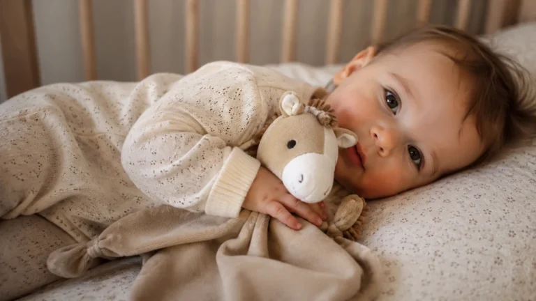 Bébé tenant un doudou cheval doux dans son lit au moment du repos