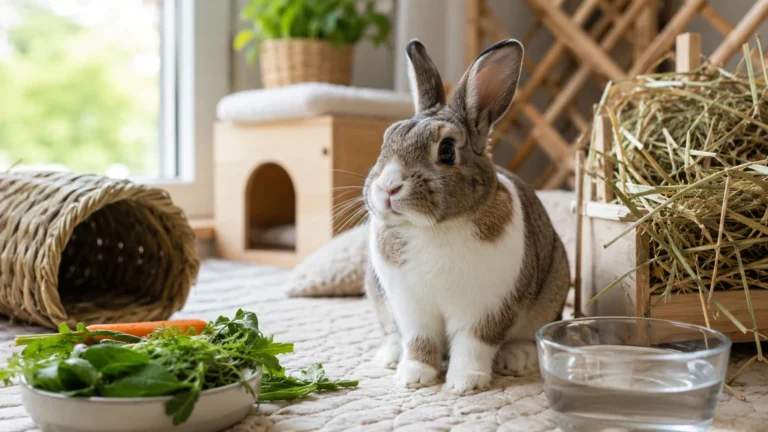 Lapin domestique dans un espace propre avec foin, eau et verdure fraîche