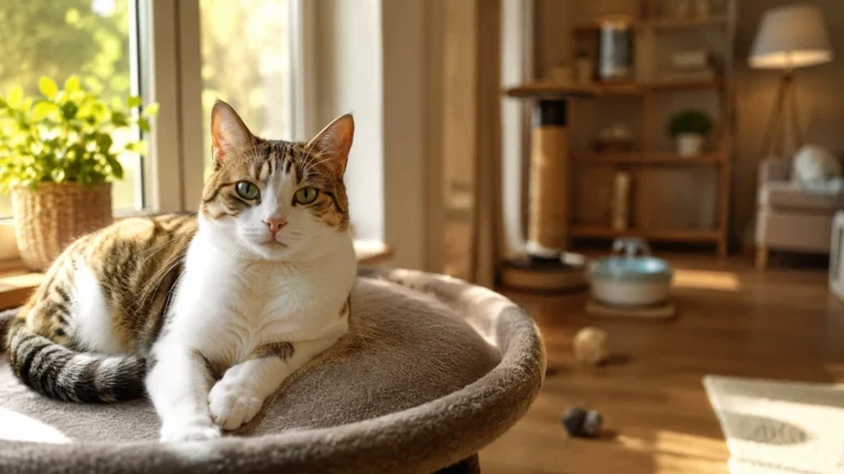 Chat stérilisé calme dans un intérieur lumineux avec espace de vie adapté