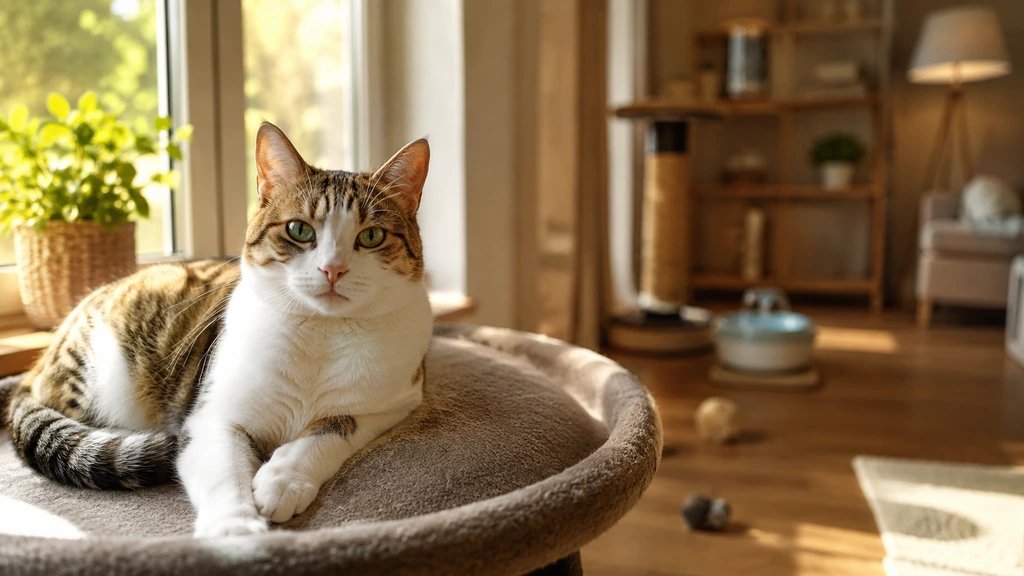 Chat stérilisé calme dans un intérieur lumineux avec espace de vie adapté