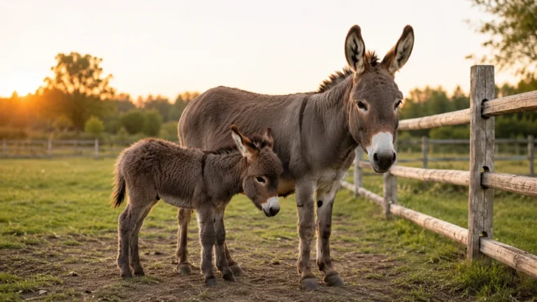 Ânesse adulte avec son ânon dans un pré au coucher du soleil