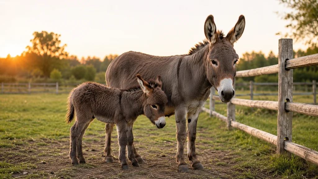 Ânesse adulte avec son ânon dans un pré au coucher du soleil