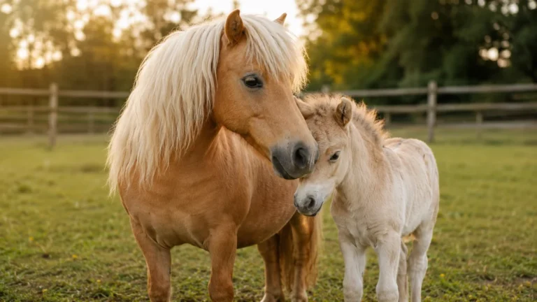 Ponette adulte avec son petit dans un pré au coucher du soleil