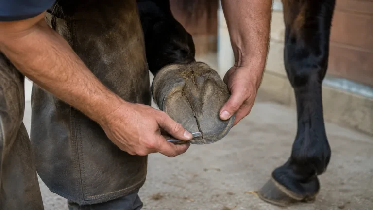 Maréchal-ferrant inspectant une fente verticale sur le sabot d’un cheval dans une écurie.