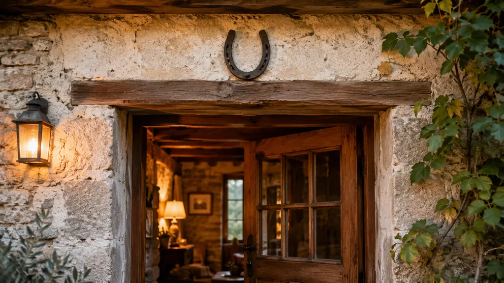 Fer à cheval porte-bonheur accroché au-dessus d’une porte de maison rustique