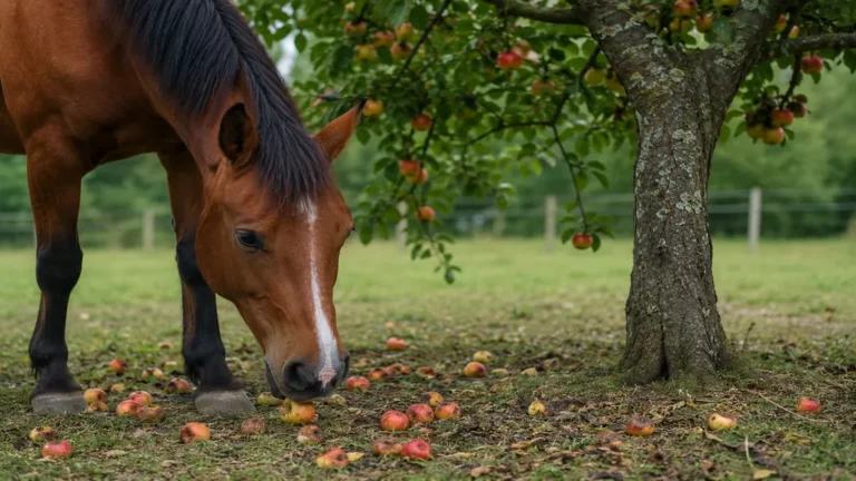 Cheval près de fruits tombés au sol dans un pré, une situation à surveiller pour éviter les fruits dangereux.