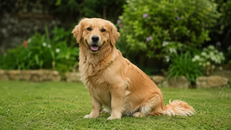 Golden Retriever de petit gabarit assis dans un jardin verdoyant