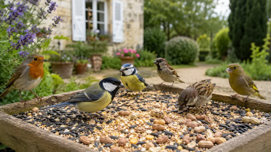 Oiseaux du jardin mangeant des graines de tournesol, millet, maïs et cacahuètes dans une mangeoire