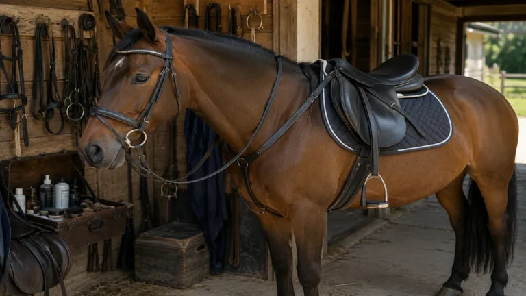 Cheval équipé d’une selle, d’un filet et de rênes dans une sellerie avec du matériel équestre en arrière-plan.