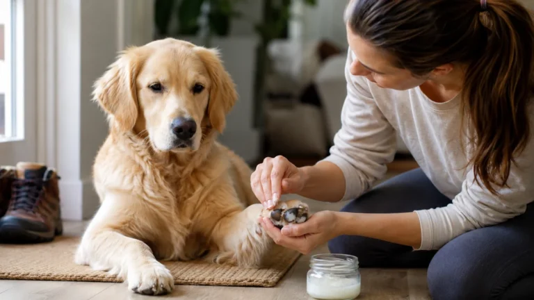 Chien recevant une application modérée d’huile de coco sur les coussinets à la maison