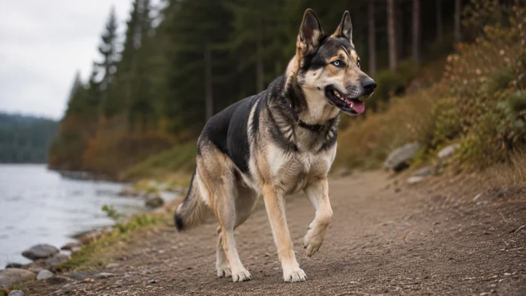 Husky croisé Berger allemand marchant sur un sentier au bord de l’eau