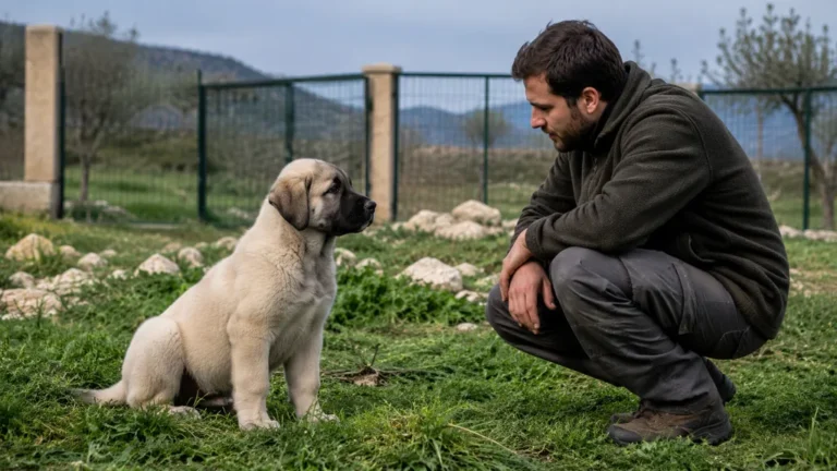 Chiot Kangal assis dans un jardin clôturé face à son maître attentif