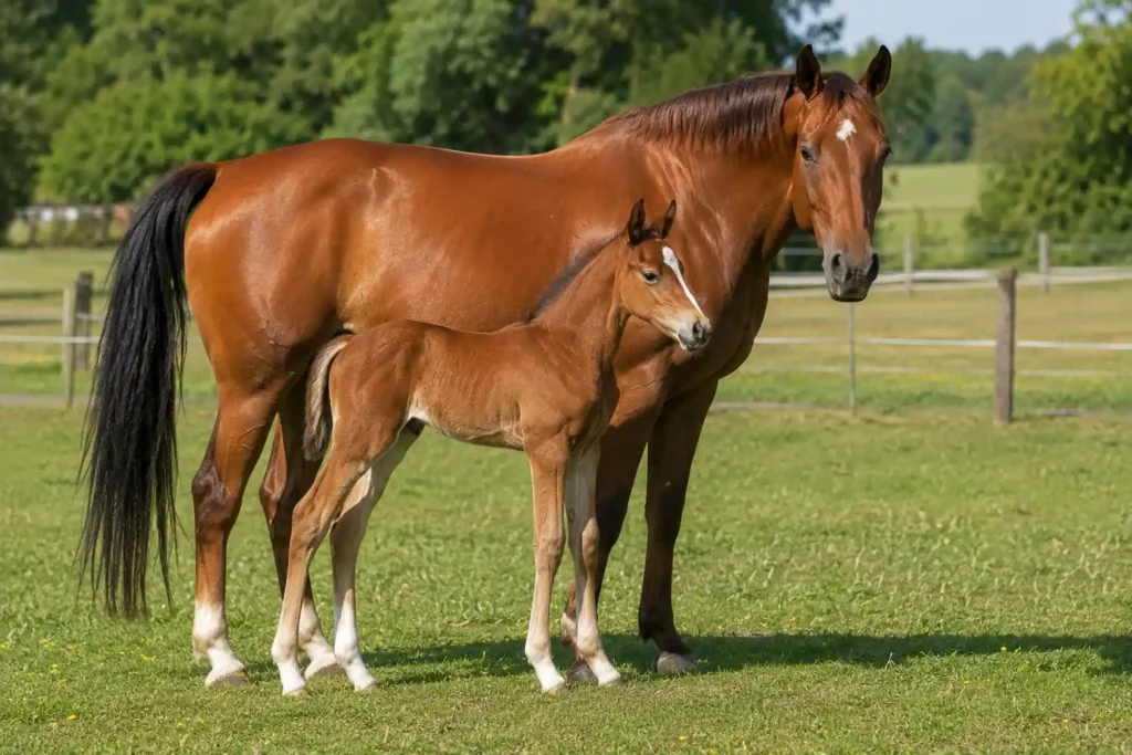 Jument adulte avec son poulain dans un pré, illustrant la femelle du cheval et le jeune cheval