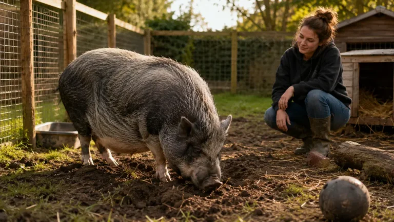Mini porc adulte fouillant le sol dans un jardin clôturé avec abri