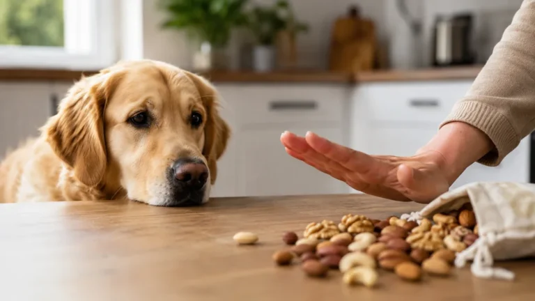 Chien observant des noix sur une table pendant qu’une main l’empêche d’en manger