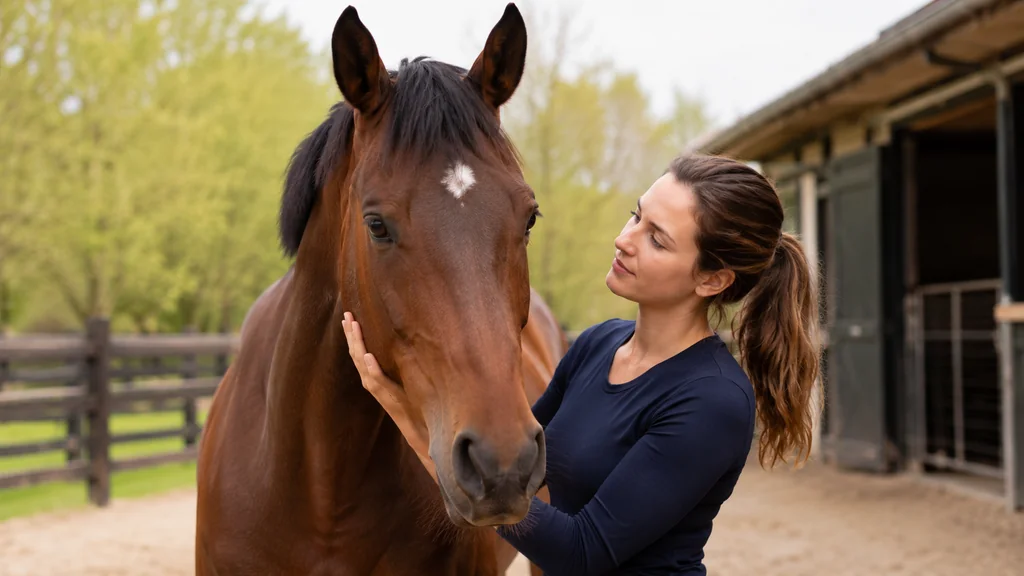 Femme caressant un cheval dans une écurie pour choisir un nom de cheval en P.