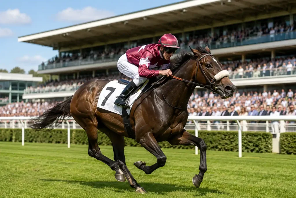 Cheval de course lancé au galop sur un hippodrome avec jockey et tribunes en arrière-plan