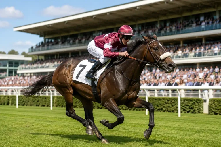 Cheval de course lancé au galop sur un hippodrome avec jockey et tribunes en arrière-plan