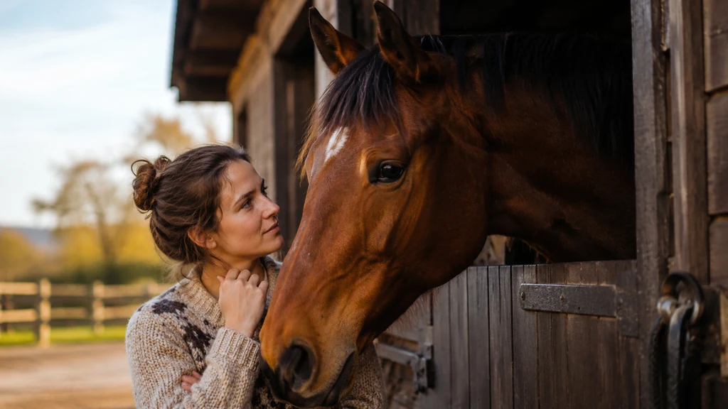 Femme observant un cheval dans son box pour choisir un nom adapté à son caractère
