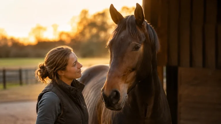 Cavalière observant un cheval au coucher du soleil dans une écurie