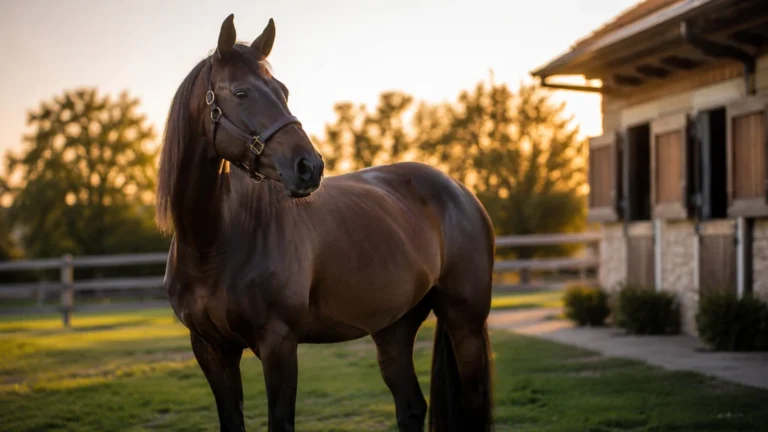 Jument élégante dans un paddock au coucher du soleil près d’une écurie