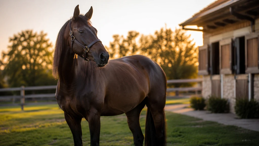 Jument élégante dans un paddock au coucher du soleil près d’une écurie