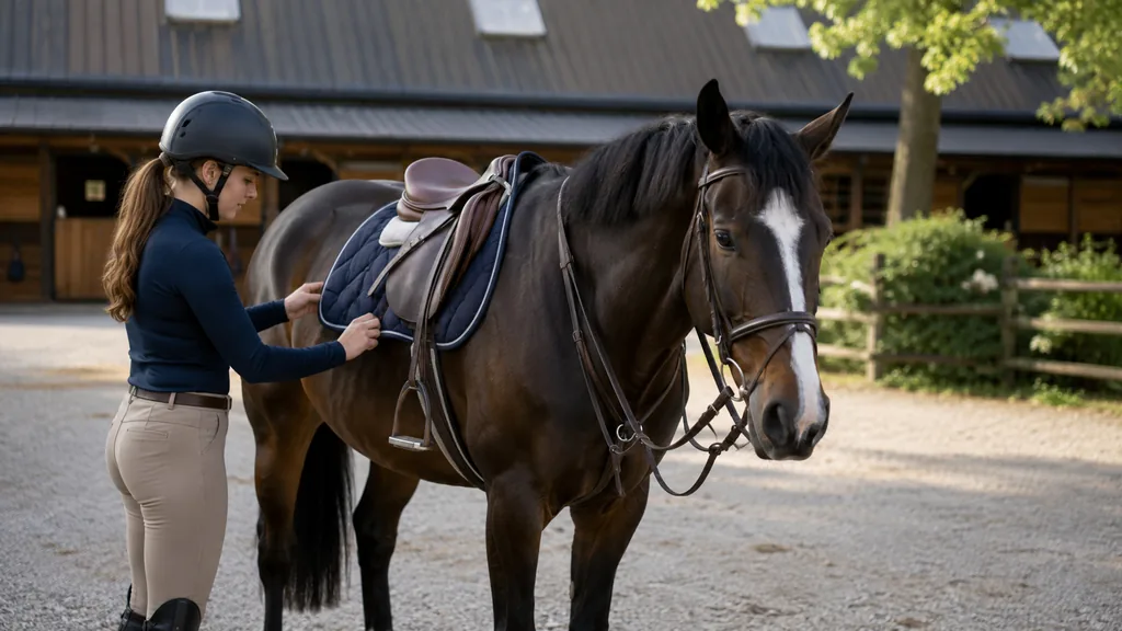 Cavalière préparant le matériel d’équitation d’un cheval sellé devant une écurie.