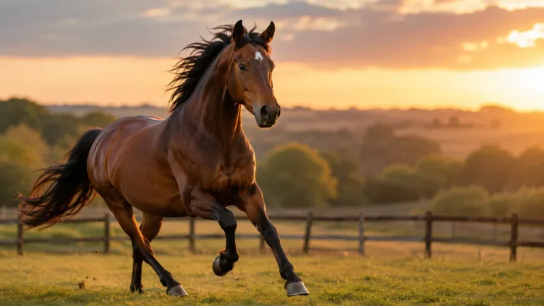 Cheval bai galopant dans une prairie au coucher du soleil pour illustrer des noms de chevaux originaux.