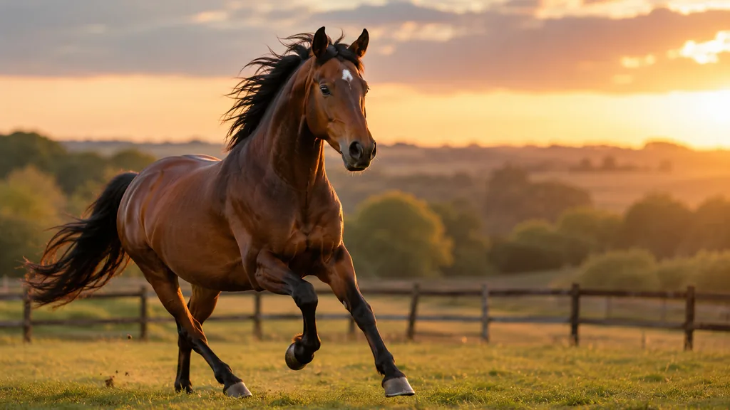 Cheval bai galopant dans une prairie au coucher du soleil pour illustrer des noms de chevaux originaux.