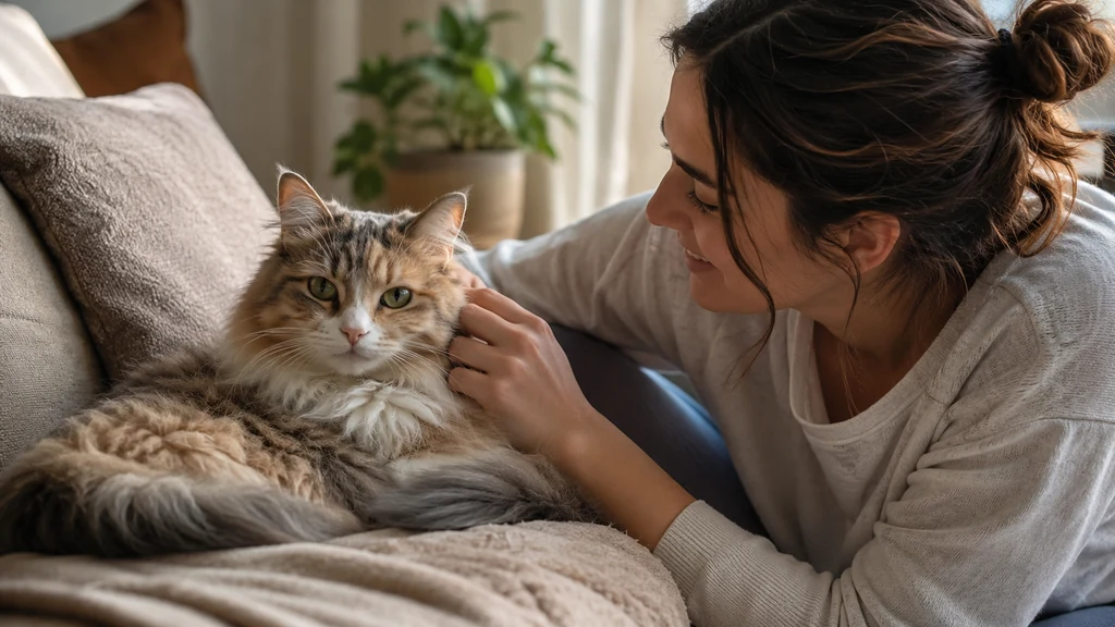 Chatte à poils longs caressée par sa propriétaire dans un intérieur chaleureux